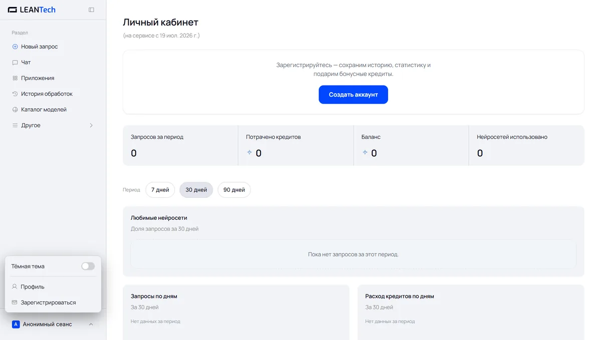 Стартовый экран платформы: выбор нейросети Wordtune без VPN